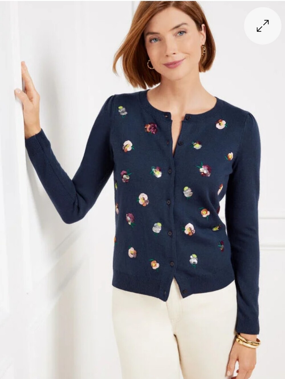 NEW Women's Talbots Sequin Embelled Sweater Floral Navy Blue Large